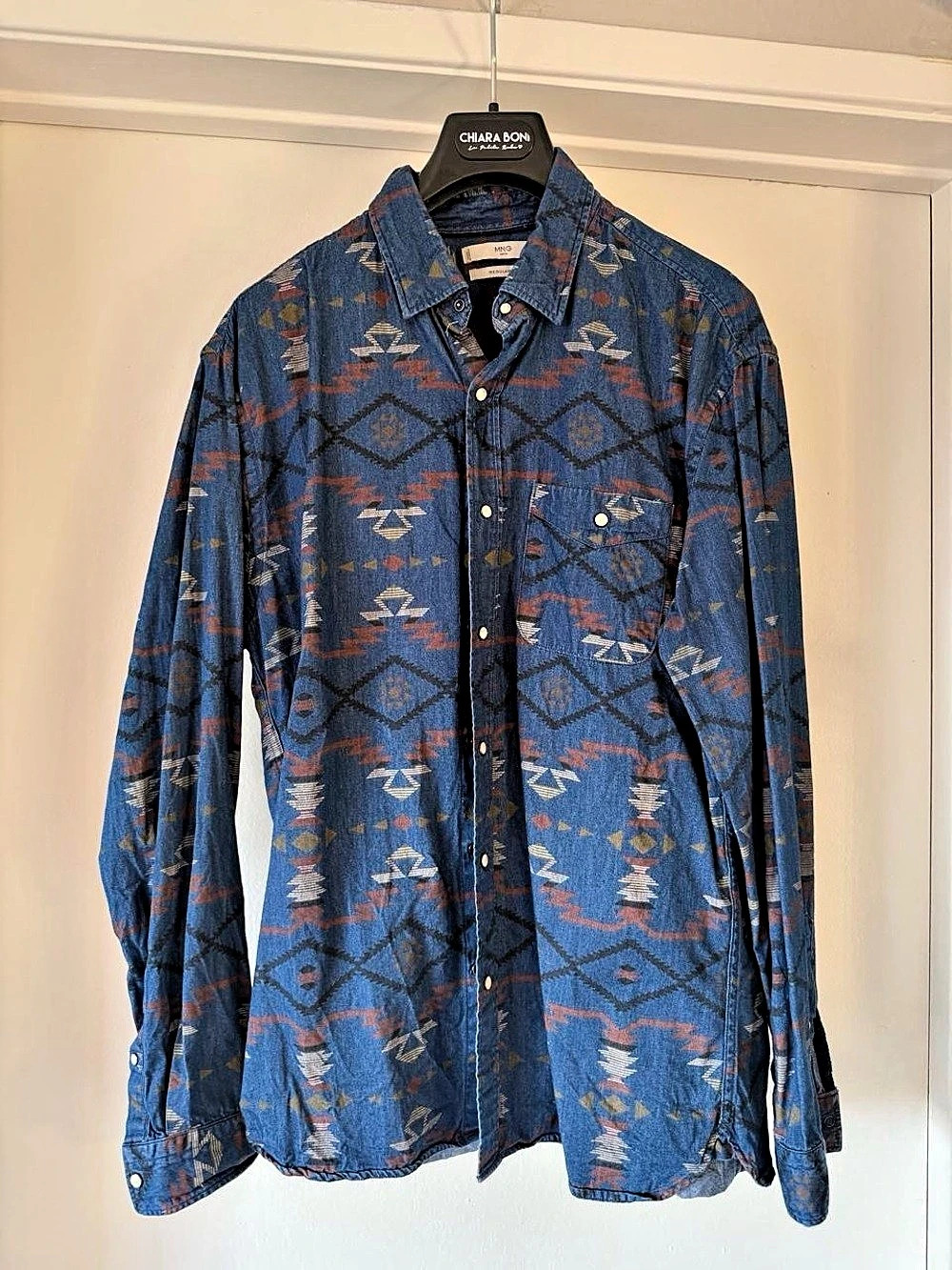 MNG Geometric Button Down Blue & Red Medium